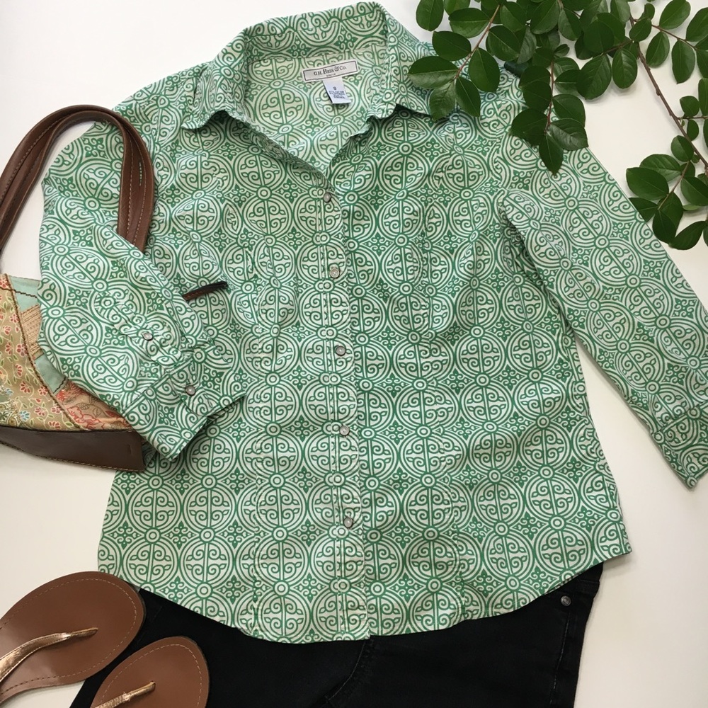 G.H. Bass Stretch Green Button Up Blouse, sz S